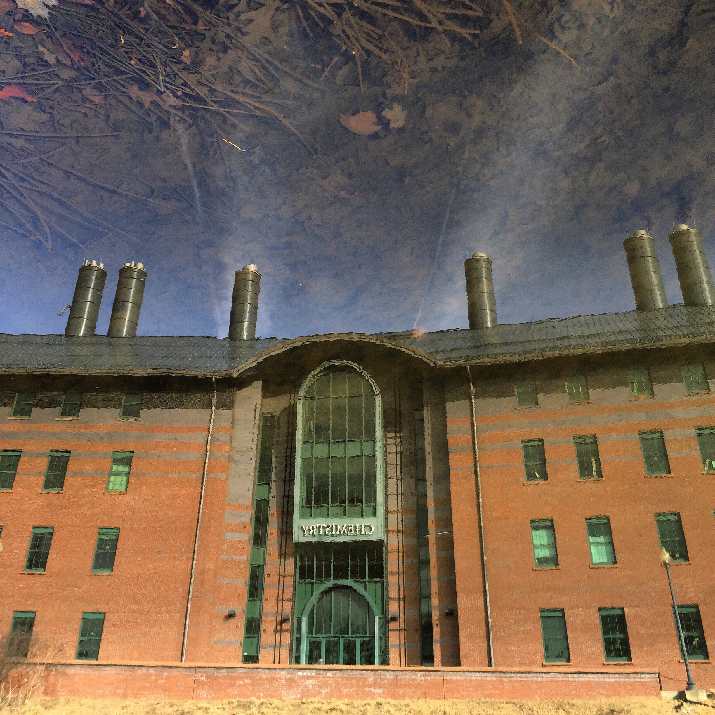 Chemistry building in reflection of Swan Lake